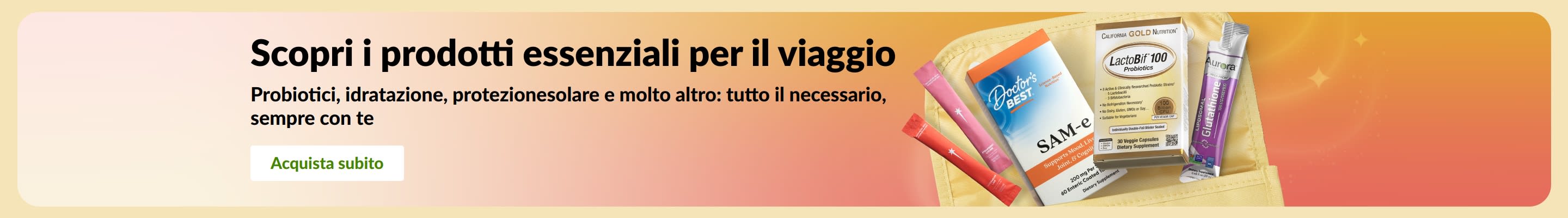 Banner sui prodotti essenziali in viaggio, con probiotici, integratori e stick benessere in bustina per promuovere prodotti per la salute a portata di mano.