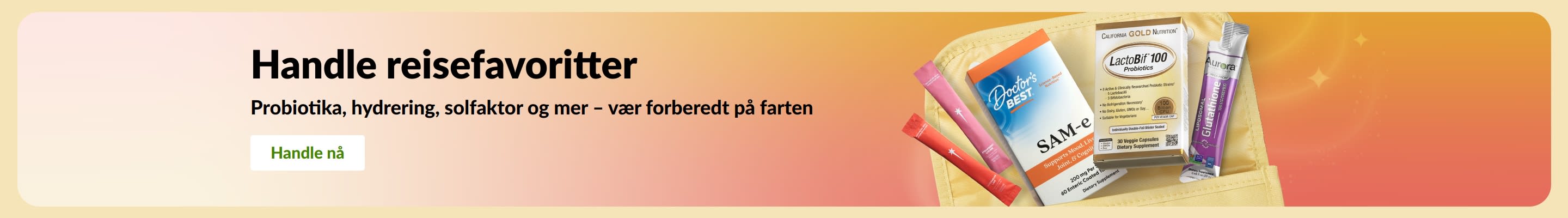 Banner med reisefavoritter: probiotika, kosttilskudd og wellness-sticks i en mappe, som promoterer helseprodukter for folk på farten.