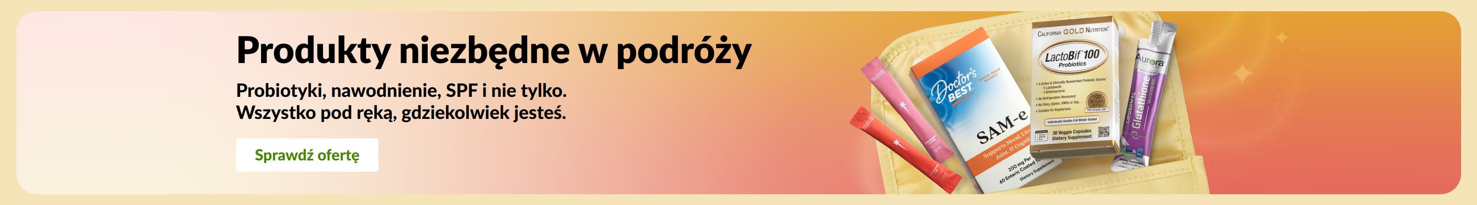 Baner z niezbędnikami podróżnymi przedstawiający probiotyki, suplementy i saszetki zdrowotne w kosmetyczce, promujący produkty wspierające zdrowie w podróży.