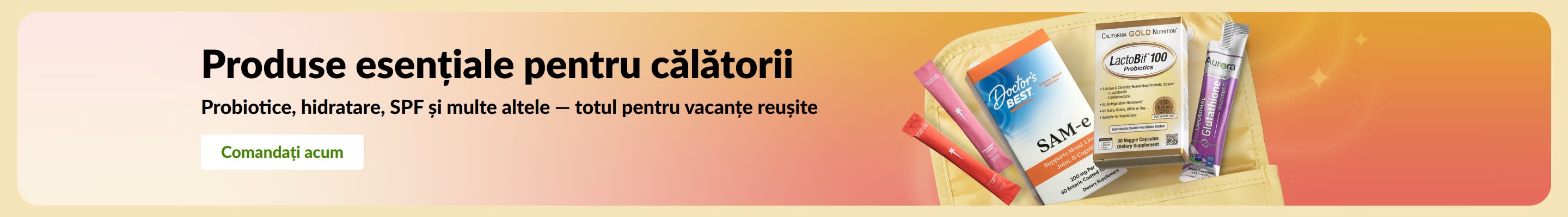 Banner cu produse esențiale pentru călătorii, precum probiotice, suplimente și pliculețe, pentru sănătate în deplasare.