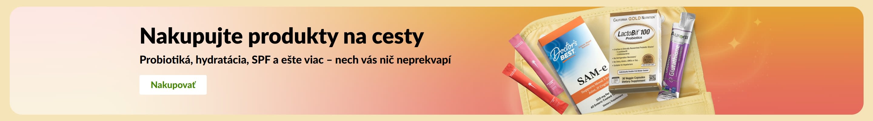 Baner zobrazujúci probiotiká, výživové doplnky a hydratačné vrecúška v kozmetickej taštičke pre zdravie na cestách.