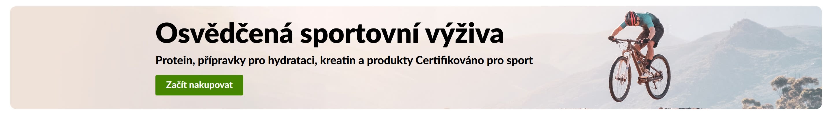 Banner pro sportovní výživu s cyklistou a tlačítkem Začít nakupovat pro protein, hydrataci, kreatin a Certifikováno pro sport.