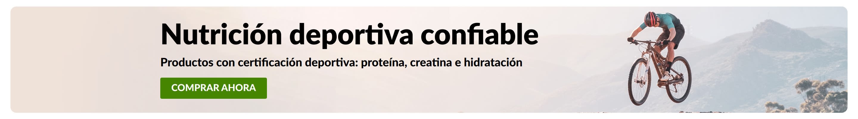 ‘‘Nutrición deportiva confiable’’: ciclista y el botón ‘‘COMPRAR AHORA’’ para productos con certificación deportiva.