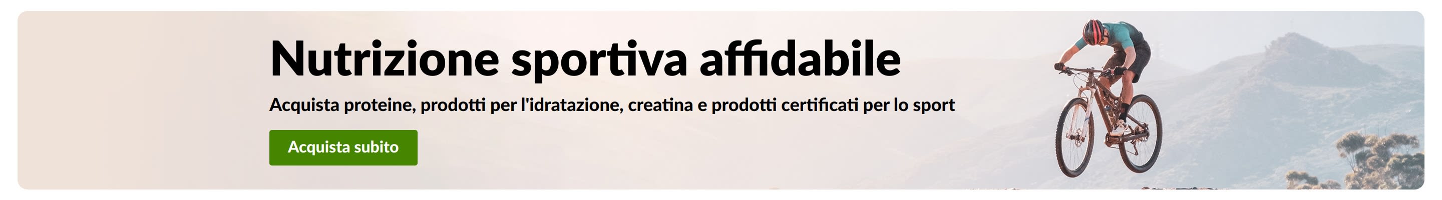 Banner sulla nutrizione sportiva con un ciclista di mountain bike e pulsante 