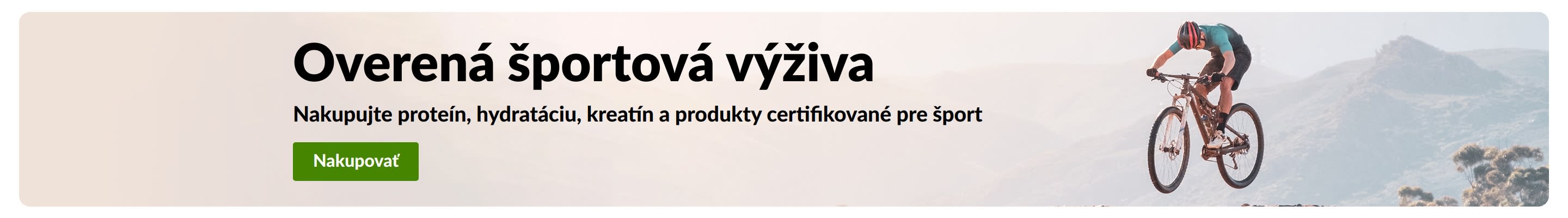 Baner pre športovú výživu s cyklistom a tlačidlom Nakupovať. Proteín, hydratácia, kreatín a produkty certifikované pre šport.