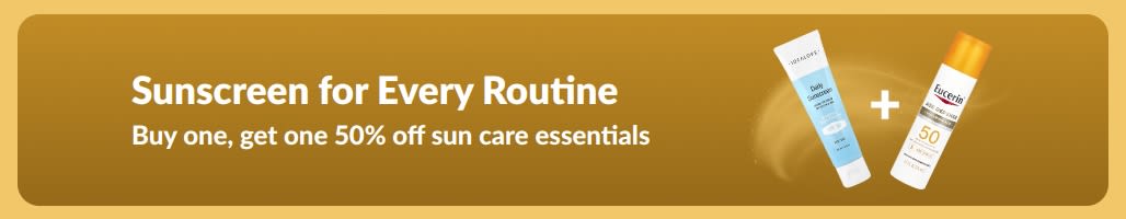 Sunscreen sale banner with two products, “Buy one, get one 50% off sun care essentials”