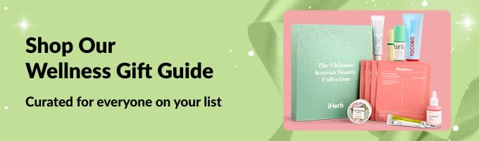 iHerb Wellness Gift Guide banner featuring curated self-care and beauty gift sets, perfect for everyone on your list.