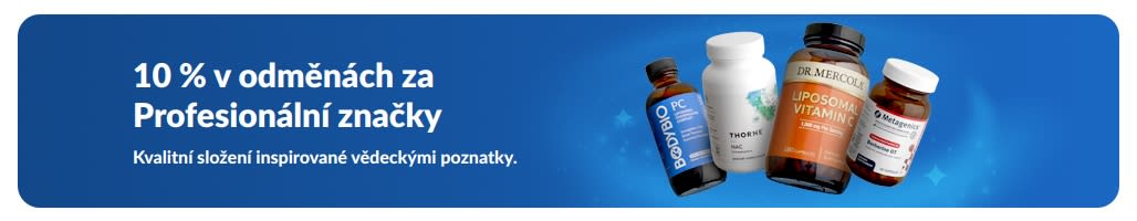 Banner propagující 10 % v odměnách za Profesionální značky doplňků stravy s produkty a tlačítkem „Nakupovat profesionální značky“