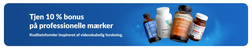 Banner, der promoverer 10 % bonus på professionelle kosttilskudsmærker med kosttilskud