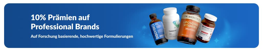 Banner, das für 10% Prämien wirbt auf professionelle Nahrungsergänzungsmittelmarken