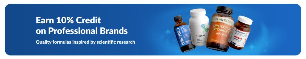 Banner promoting 10% rewards on professional supplement brands with product bottles and 'Shop Professional Brands' button