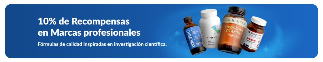 Banner que promociona 10% de Recompensas en marcas de suplementos profesionales, con imágenes de productos