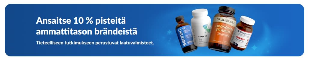 Banneri, joka tarjoaa 10 % palkintopisteitä ammattitasoisista ravintolisätuotemerkeistä. Kuvassa tuotepurkkeja ja ”Osta ammattitason brändit” -painike.