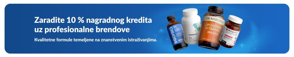 Reklamni natpis koji promovira 10 % nagradnog kredita na profesionalne brendove dodataka prehrani, s prikazom bočica proizvoda i gumbom „Kupujte profesionalne brendove”.