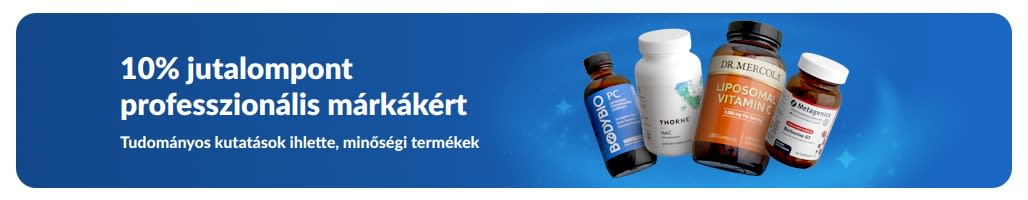 Banner, amely 10% értékű jóváírást hirdet jutalompontokban professzionális kiegészítőmárkák vásárlása után, termékpalackokkal és „Professzionális márkák” gombbal