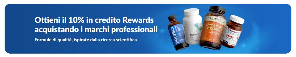 Banner pubblicitario che promuove il 10% di premi su marchi di integratori professionali, con flaconi di prodotti e il pulsante 