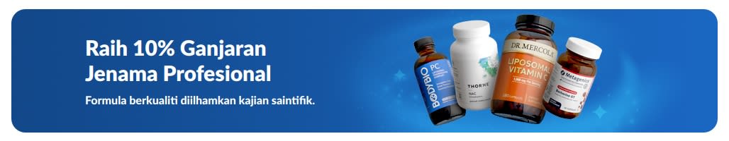 Sepanduk mempromosikan 10% ganjaran bagi suplemen jenama profesional dengan botol produk dan butang “Beli Jenama Profesional”