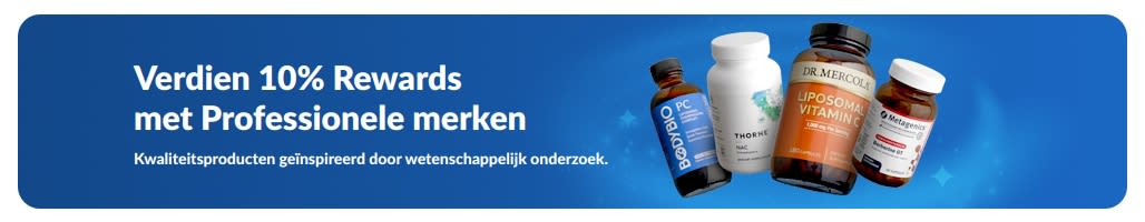 Banner met 10% Rewards bij Professionele supplementenmerken, inclusief productverpakkingen en een knop met 