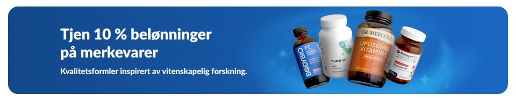 Banner som promoterer 10 % bonus på kosttilskuddsmerker, med produktflasker og en «Kjøp merkevarer»-knapp.