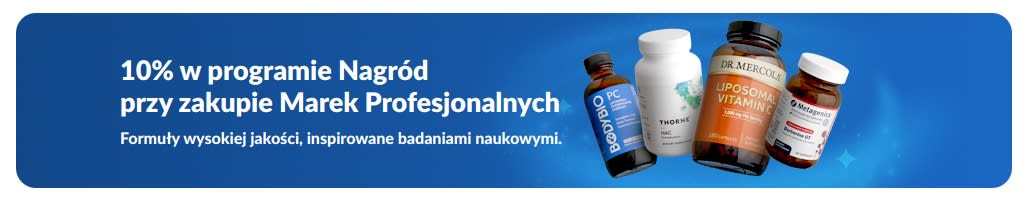 Banner promujący 10% zwrotu środków w programie Nagród na marki suplementów profesjonalnych, przedstawiający butelki produktów oraz przycisk „Kup marki profesjonalne”