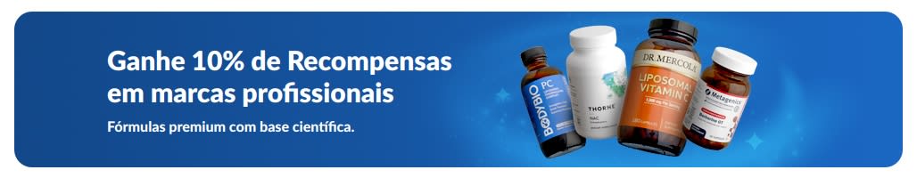 Banner com 10% de Recompensas em marcas profissionais de suplementos, com imagens dos produtos e botão “Compre marcas profissionais”