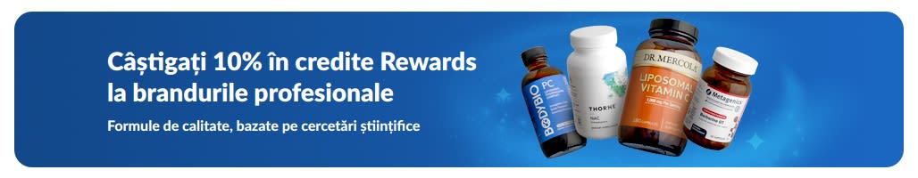 Banner cu 10% credite Rewards la branduri de suplimente profesionale, cu produse și buton „Alegeți branduri profesionale”.