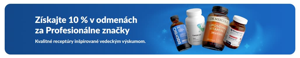 Baner propagujúci 10 % odmeny za profesionálne značky výživových doplnkov s fľaštičkami produktov a tlačidlom „Nakupovať profesionálne značky“