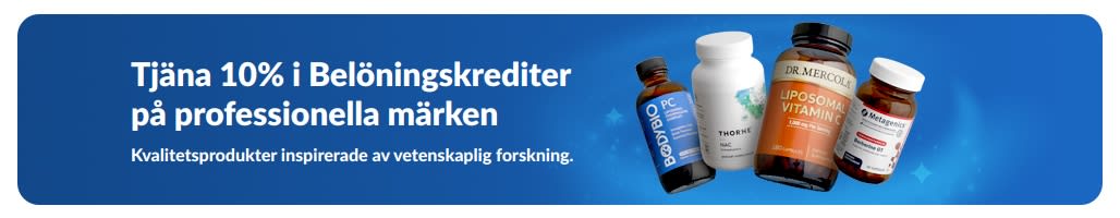 Banner som marknadsför 10% i Belöningskrediter på professionella kosttillskottsmärken med produktburkar och 