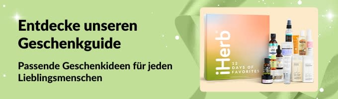 Banner für den iHerb Geschenkguide mit ausgewählten Self-Care- und Beauty-Geschenksets perfekt zum Verschenken.