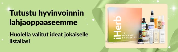 iHerbin hyvinvointilahjaoppaan banneri, jossa esitellään huolella valittuja itsehoito- ja kauneuslahjapakkauksia – täydellisiä kaikille lahjalistallasi.