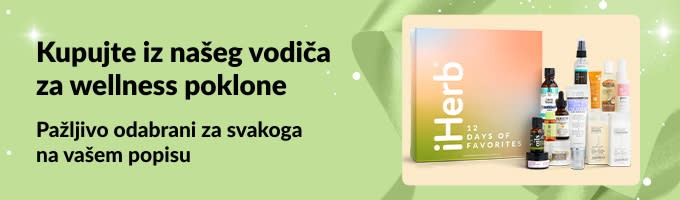 iHerb baner s vodičem za wellness poklone koji prikazuje pomno odabrane setove za njegu i ljepotu, savršene za svakoga na vašem popisu.