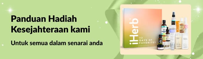 Sepanduk Panduan Hadiah Kesejahteraan iHerb memaparkan set hadiah kecantikan dan penjagaan diri khas, sesuai untuk semua orang dalam senarai penerima hadiah anda.