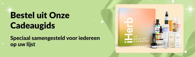 iHerb Cadeaugids-banner met zorgvuldig samengestelde cadeausets voor verzorging en schoonheid, perfect voor iedereen op uw lijst.