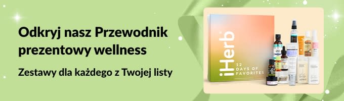 Baner iHerb przewodnik prezentowy wellness, przedstawiający wyselekcjonowane zestawy upominkowe do pielęgnacji i urody, idealne dla każdego z Twojej listy.