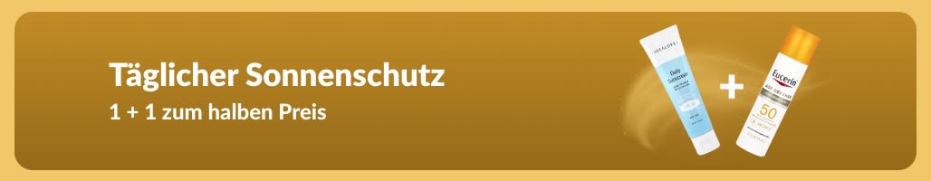 Sonnencreme Werbebanner mit zwei Produkten: Eins kaufen, eins zum halben Preis: Sonnenschutz.