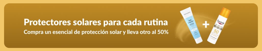 Banner con la oferta “Compra uno y lleva otro al 50%” en protectores solares.