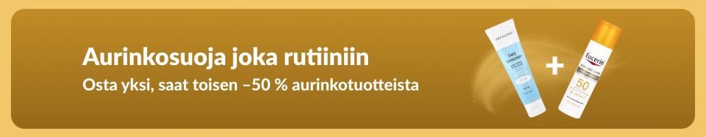 Aurinkovoiteiden alennusbanneri, jossa kaksi tuotetta ja teksti 