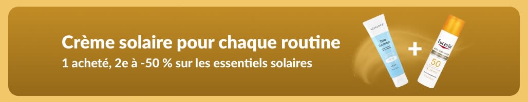 Bannière promo solaire avec deux produits : « 1 acheté, 2e à -50 % sur les essentiels solaires »