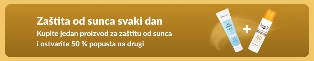 Reklamni natpis s prikazom dva proizvoda iz ponude: Kupite jedan proizvod za zaštitu od sunca i ostvarite 50 % popusta na drugi.