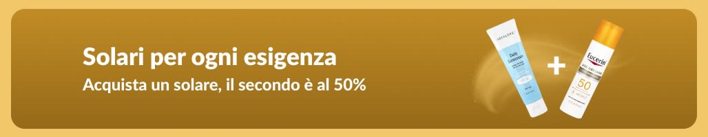 Banner con una promozione sui solari che mostra due prodotti: “Offerta 1+1: il secondo è al 50%”