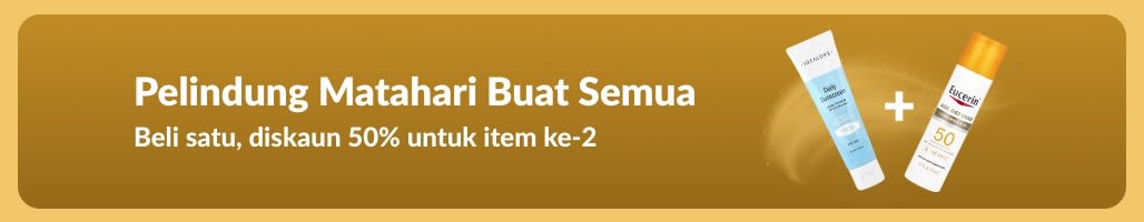 Sepanduk jualan pelindung matahari dengan dua produk, “Beli satu, diskaun 50% item ke-2”