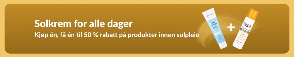 Solkrembanner med to produkter, «Kjøp én, få én til 50 % rabatt på produkter innen solpleie»