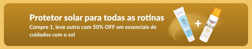 Banner de promoção de protetor solar com dois produtos e a mensagem “Compre 1, leve outro com 50% OFF em essenciais de cuidados com o sol”