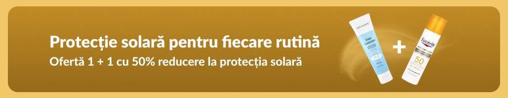 Banner cu două produse de protecție solară, cu „Ofertă 1 + 1 cu 50% reducere la protecția solară”