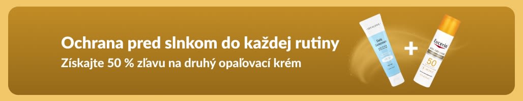 Výpredajový baner s dvoma opaľovacími krémami: „Získajte 50 % zľavu na druhý opaľovací krém“