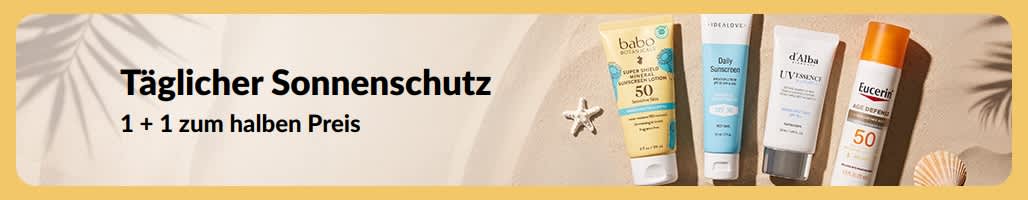 Sonnencreme Werbebanner mit zwei Produkten: Eins kaufen, eins zum halben Preis: Sonnenschutz.
