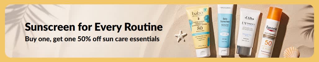 Sunscreen sale banner with two products, “Buy one, get one 50% off sun care essentials”