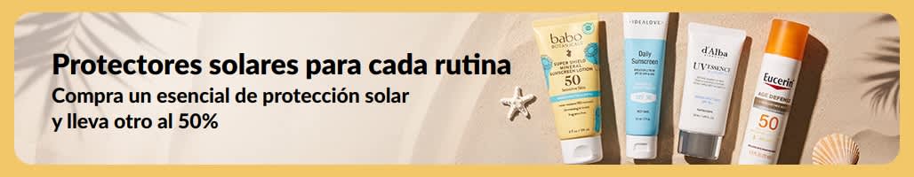 Banner con la oferta “Compra uno y lleva otro al 50%” en protectores solares.