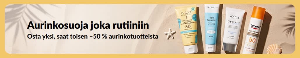 Aurinkovoiteiden alennusbanneri, jossa kaksi tuotetta ja teksti 