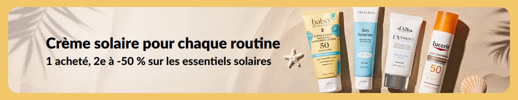 Bannière promo solaire avec deux produits : « 1 acheté, 2e à -50 % sur les essentiels solaires »